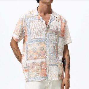 Zara Shirt S Patchwork Printed Graphic Boho Resortwear Button Up Short Sleeve